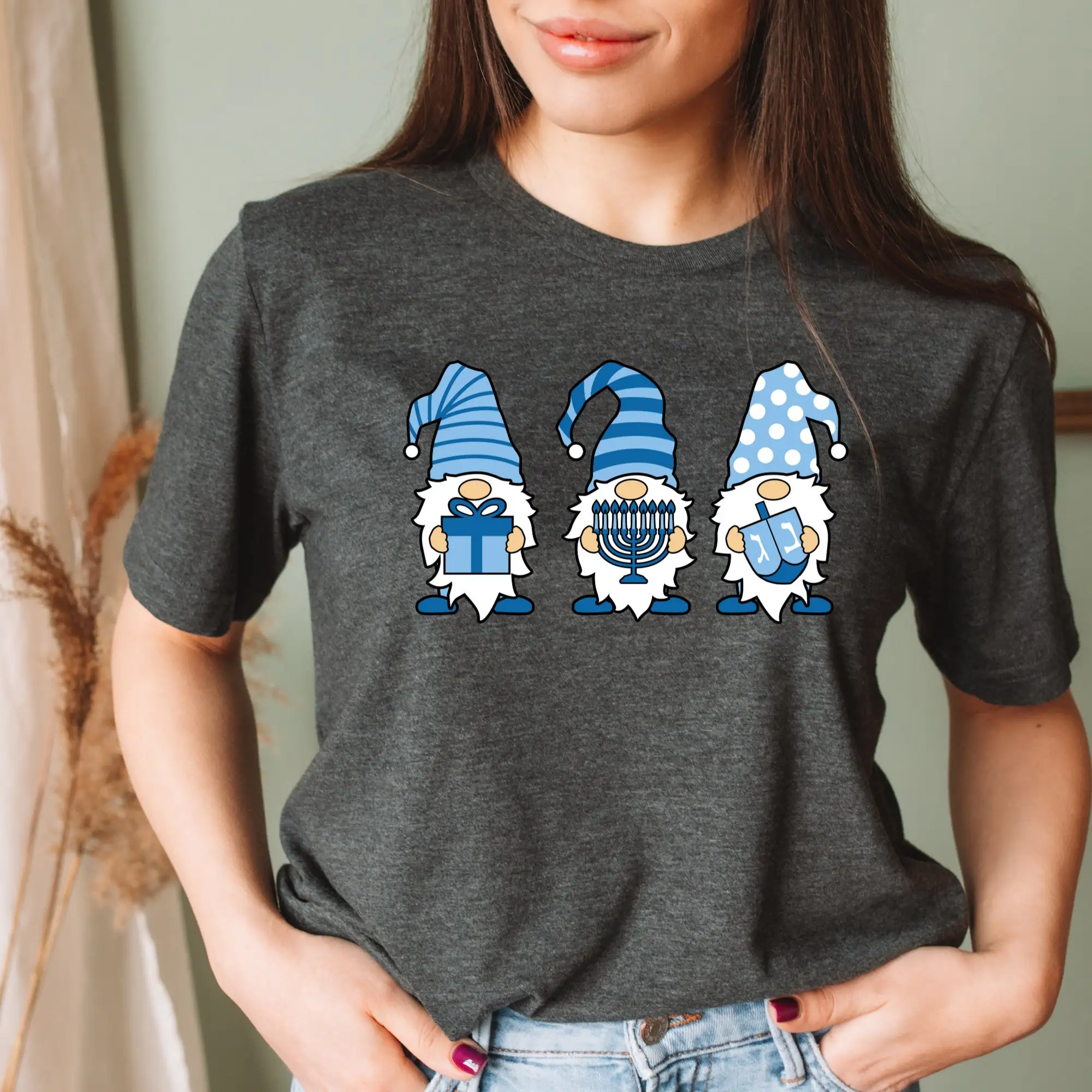 Футболка с изображением гнома Ханука, забавный гнома Dreidel, детская семейная футболка с изображением свечей и фонарей, праздничные длинные или Короткие рукава