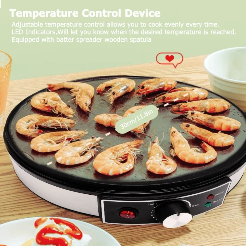 Electric Griddle Crepe Maker 11.8 Inch LED Indicators Adjustable Temperature Control Anti Stick Crepe Pan With Batter Spreader