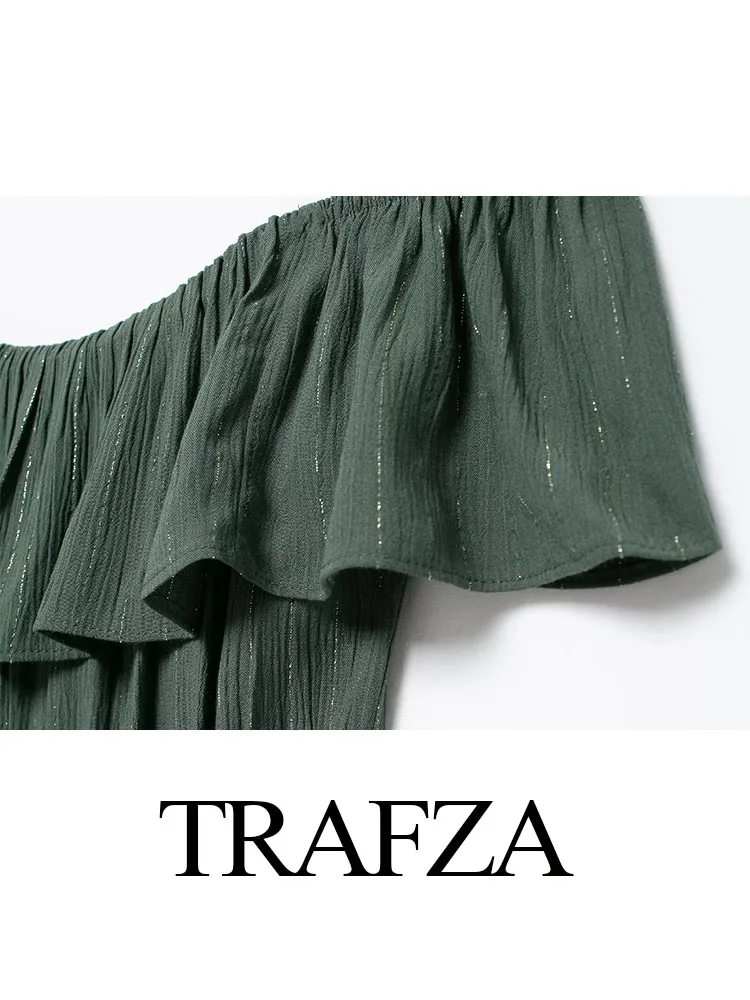 TRAFZA Summer women's Chic Dresses Green One-word Collar Backless Lace-up decorativo Metallic Striped plissettato Midi Dress Mujer