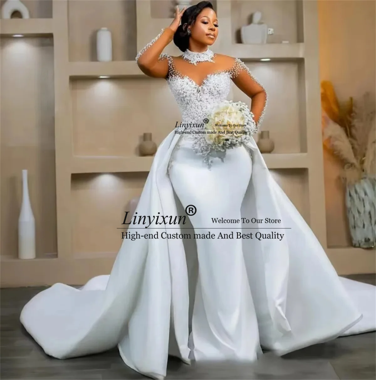 Customized Detachable African Wedding Dresses Black Girls Mermaid Long Sleeves Pearls Aso Ebi Women Bridal Gown Vestido De Novia