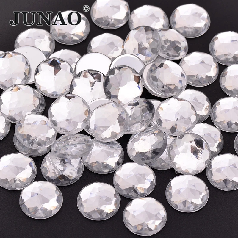 JUNAO 6 8 10 12 14 16 18 20 25 30mm Large Clear White Crystals AB Flatback Big Rhinestone Round Acrylic Stones Non Sewn Strass