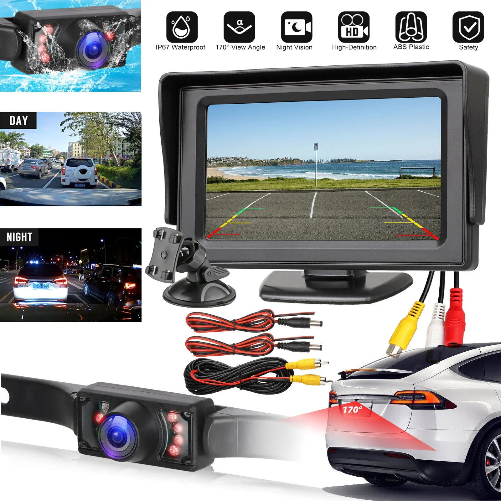

4.3" LCD Monitor Car Camera Rear View Backup Parking Reverse Kit w/ Night Vision with two holds