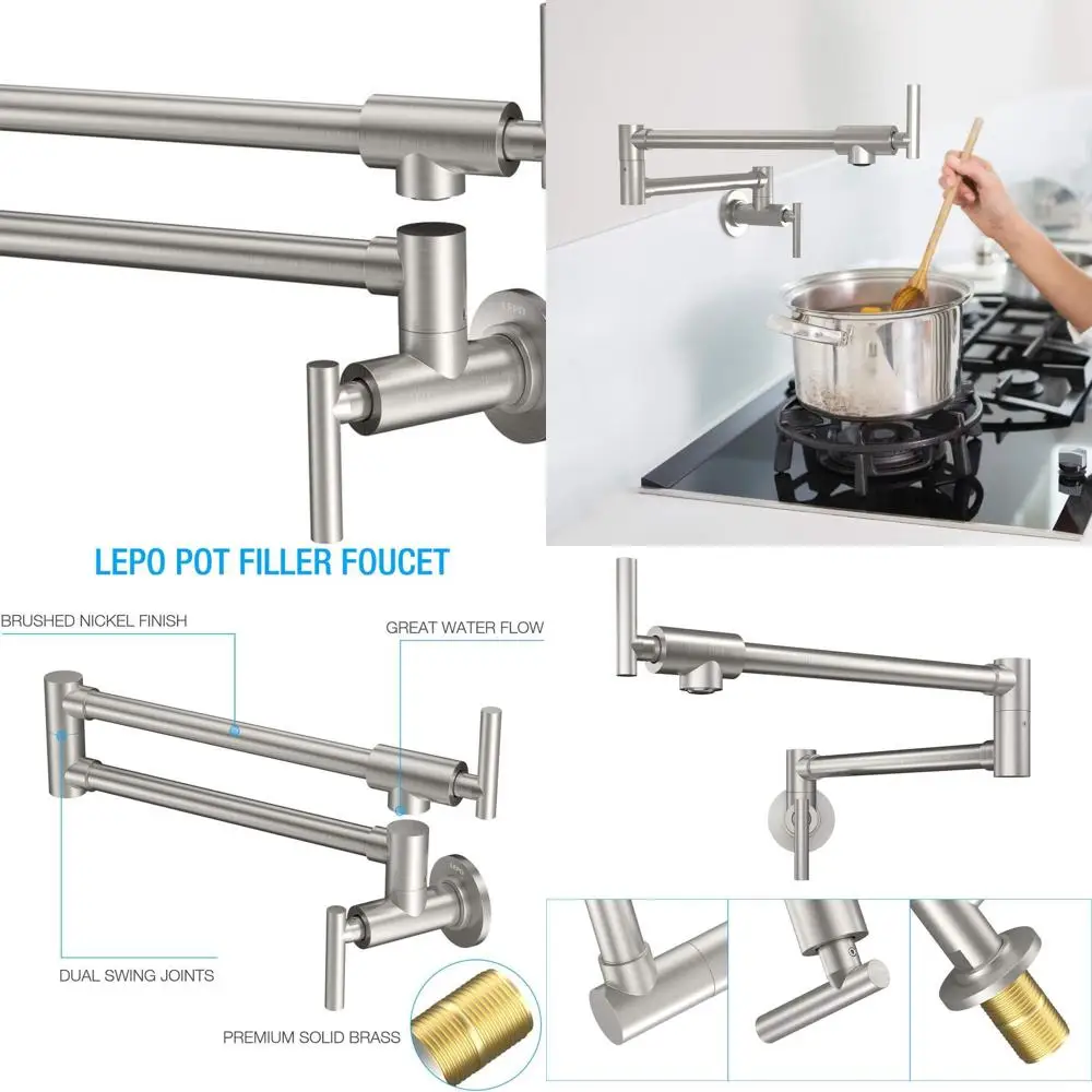 

Double Joint Swing Arm Wall Mount Pot Filler Faucet in Solid Brass with Brushed Nickel Finish, Single Hole, 2 Handles Kitchen Si