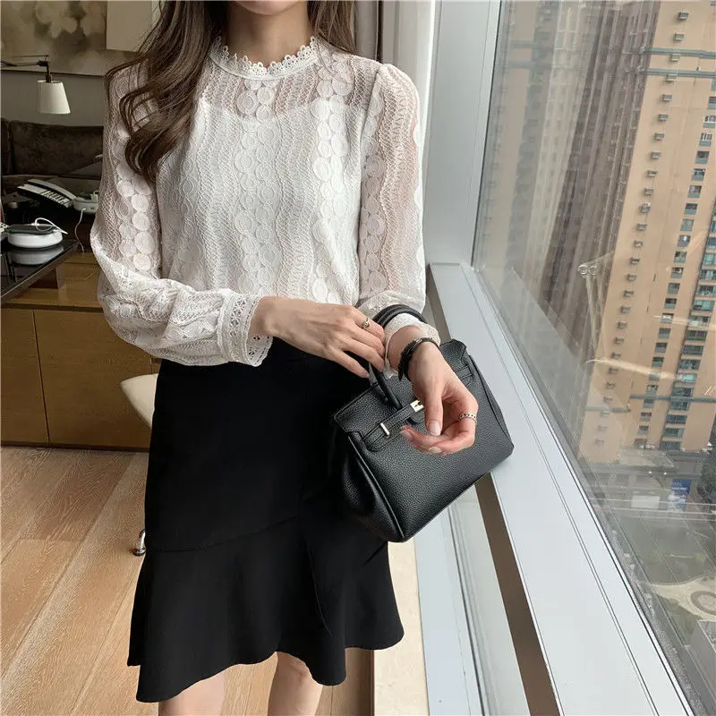 Temperament Lace O-Neck Office Lady Spring Autumn Thin Blended Women Shirt Solid Slim Intellectual Pullover Women's Clothing