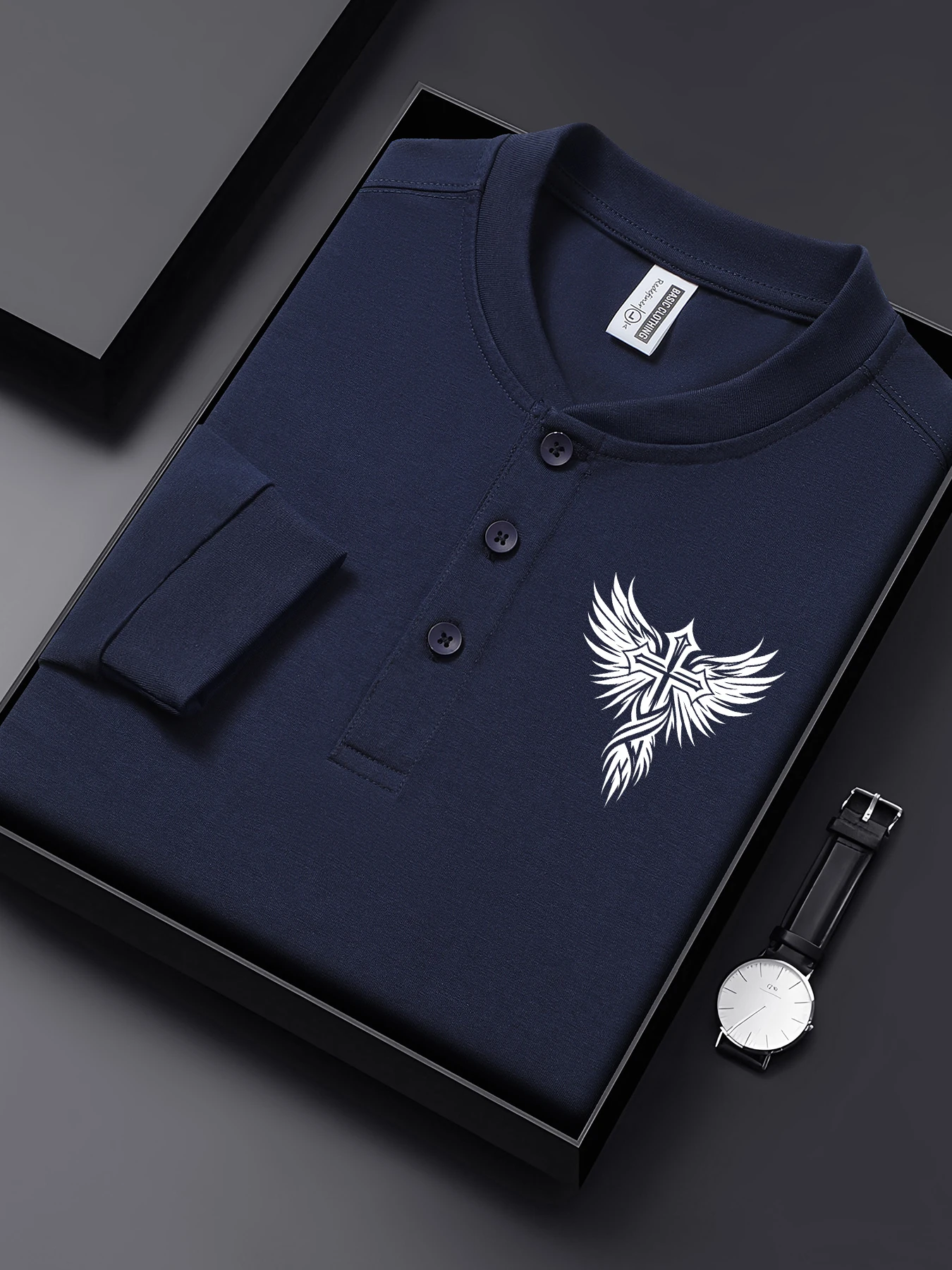 

Базовая рубашка на пуговицах с простым принтом и крестом и крылом, мужские деловые хлопковые футболки с вырезом Генри, осенняя одежда, повседневная мягкая уличная одежда