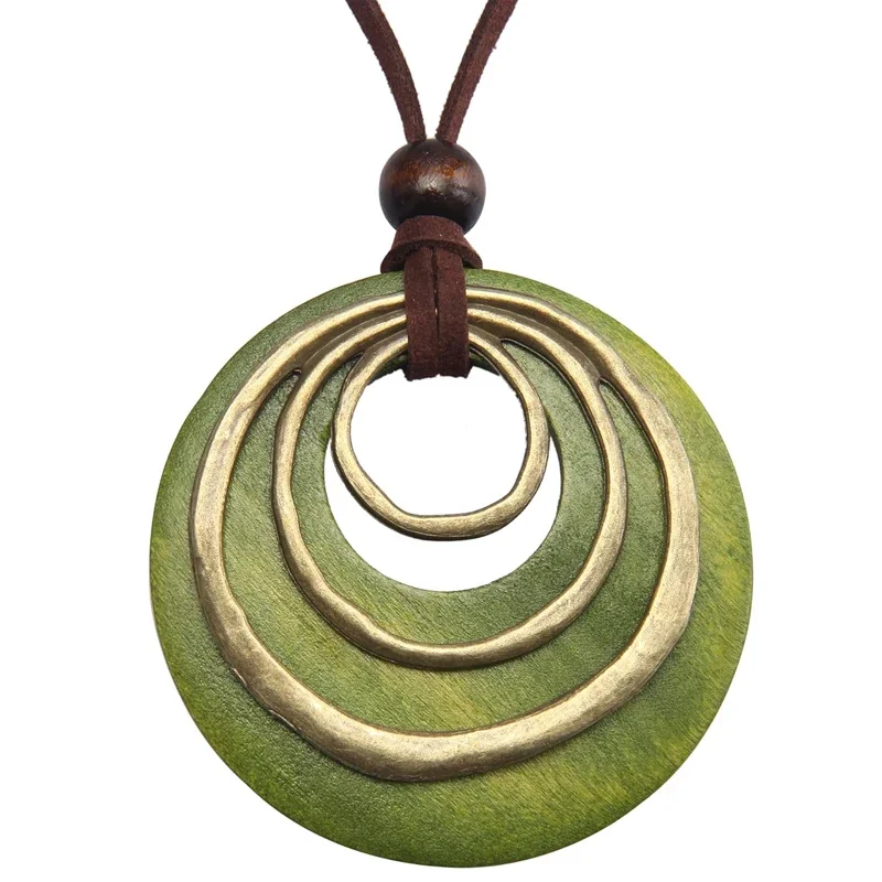 ultilayer Wooden Pendant Leather Cord Chain MNecklaces for Women Men Vintage Jewelry Boho Long Sweater Necklace Jewelry Gifts