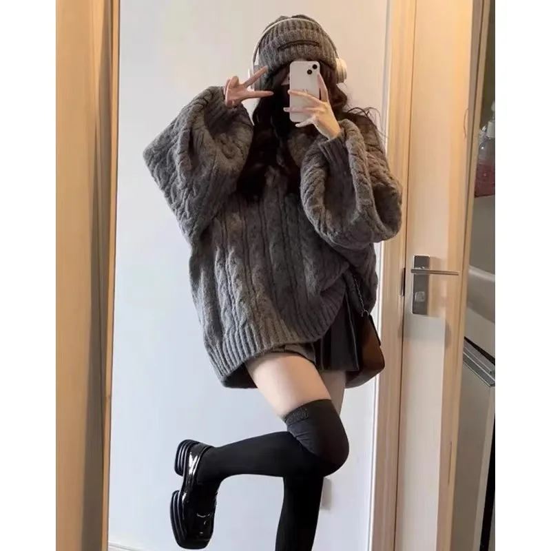 

2024 New V-neck Knitted Sweater Women's Clothing Autumn Loose Fashion Warm Knit Tops Wool Oversize Girls Thick Pullover Sweater