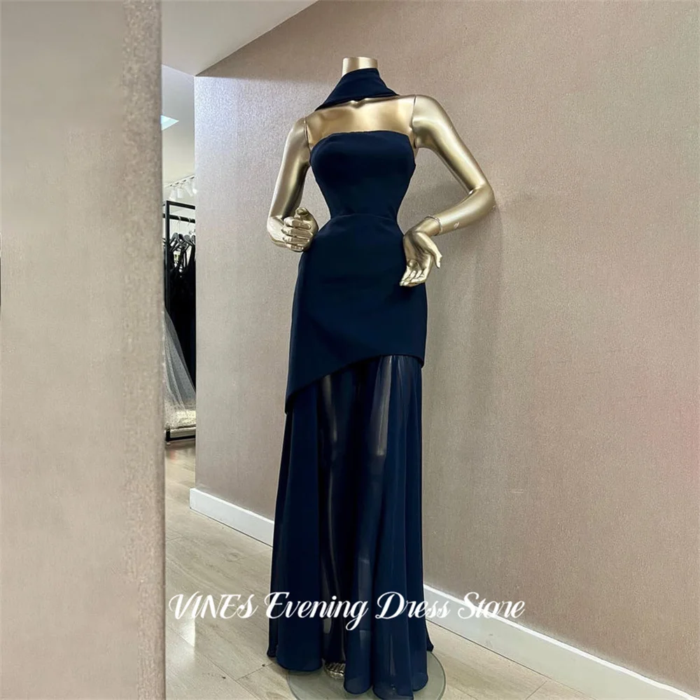 

VINES Dark Blue Prom Dresses Strapless Satin Formal Dress with Scarf Evening Dress Flowy Floor Length Dress for Women Customized