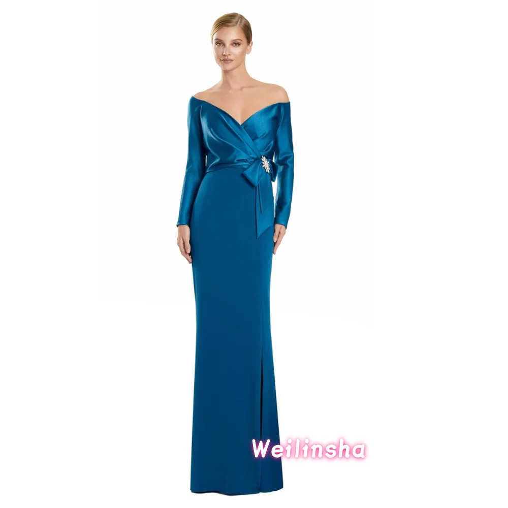 

Customized Long Mother of The Bride Dress with Ruffles V-Neck Mermaid Crepe Watteau Train Wedding Guest Dresses for Women