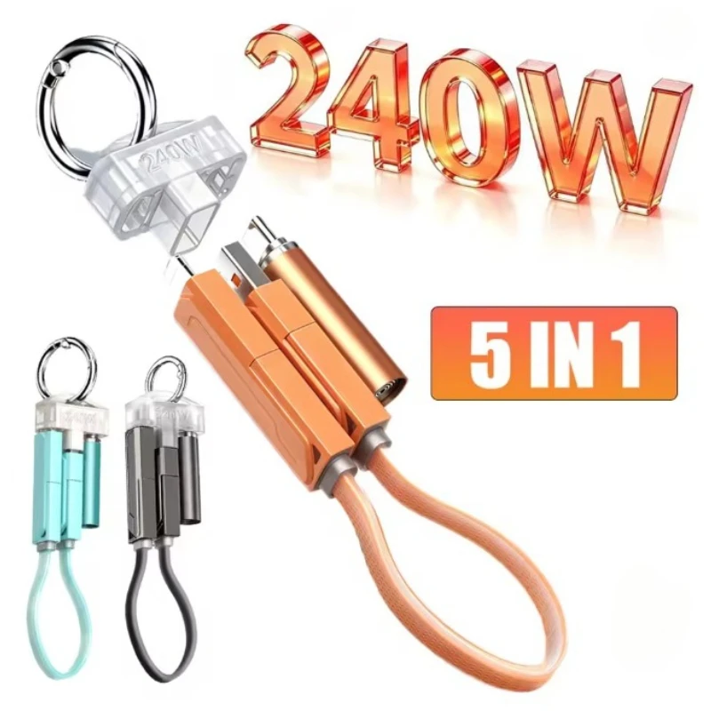 5 in 1 240W Multi Fast Charging Cable Keychain Type-C/USB USB-C Cord Data For iPhone, Samsung Galaxy, iPad Laptop MacBook