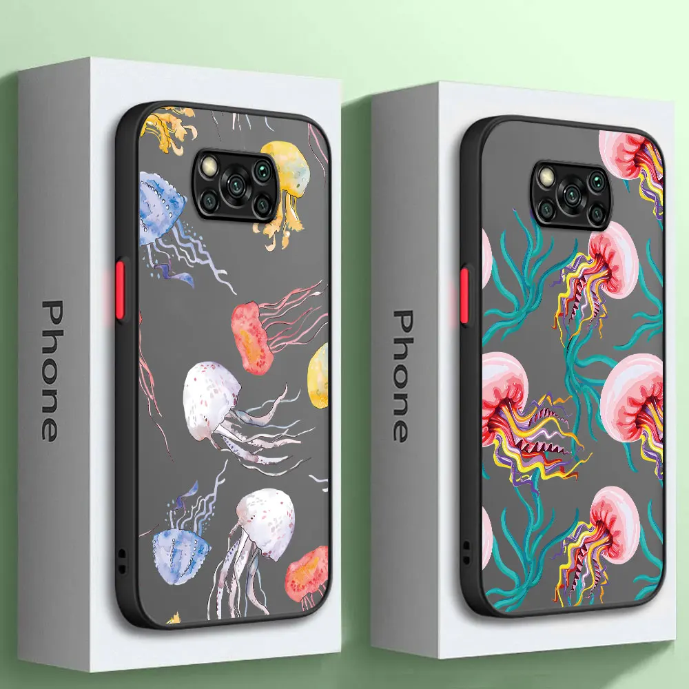 phone cases for Xiaomi Mi Poco X4 Pro5G M5 Mi 11 C40 11T 9TPro X3 NFC 13 12 Luxury Matte Back Cover Deep Sea Cartoon Jellyfish