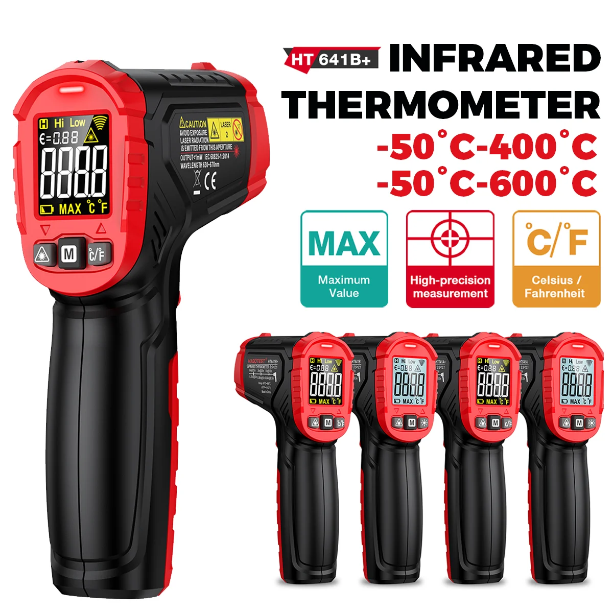 HT641 Series Infrared Thermometer Non-contact Laser Temperature Meter Tester Pyrometer Tools -50~600℃/-50~400℃ IR Surface Tool