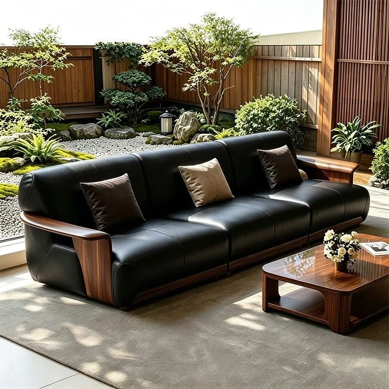 All solid wood sofa combination modern light luxury living room large household straight sofa