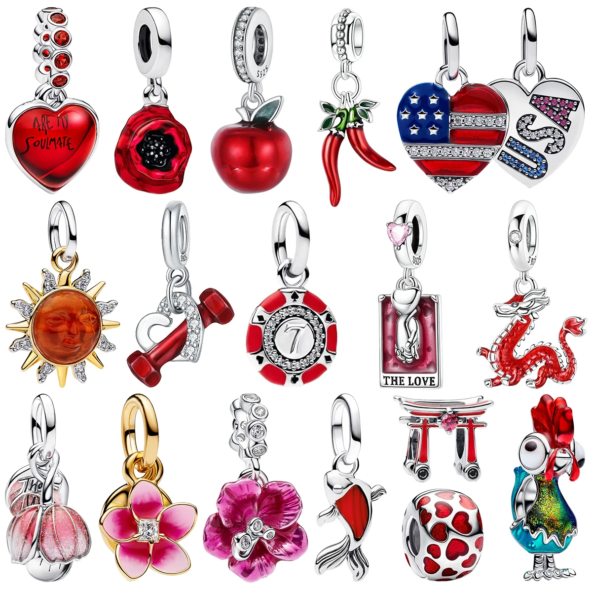 

925 Sterling Silver Red Charms Beads Keychain Apple Heart Rose Sun Chili Flower Dragon Collection Inlay Fit Bracelet Jewelry