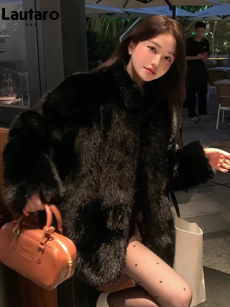 Lautaro Autumn Winter Black Soft Thick Warm Hairy Shaggy Faux Fox Fur Coat Women Stand Collar Long Sleeve Fluffy Jacket 2023