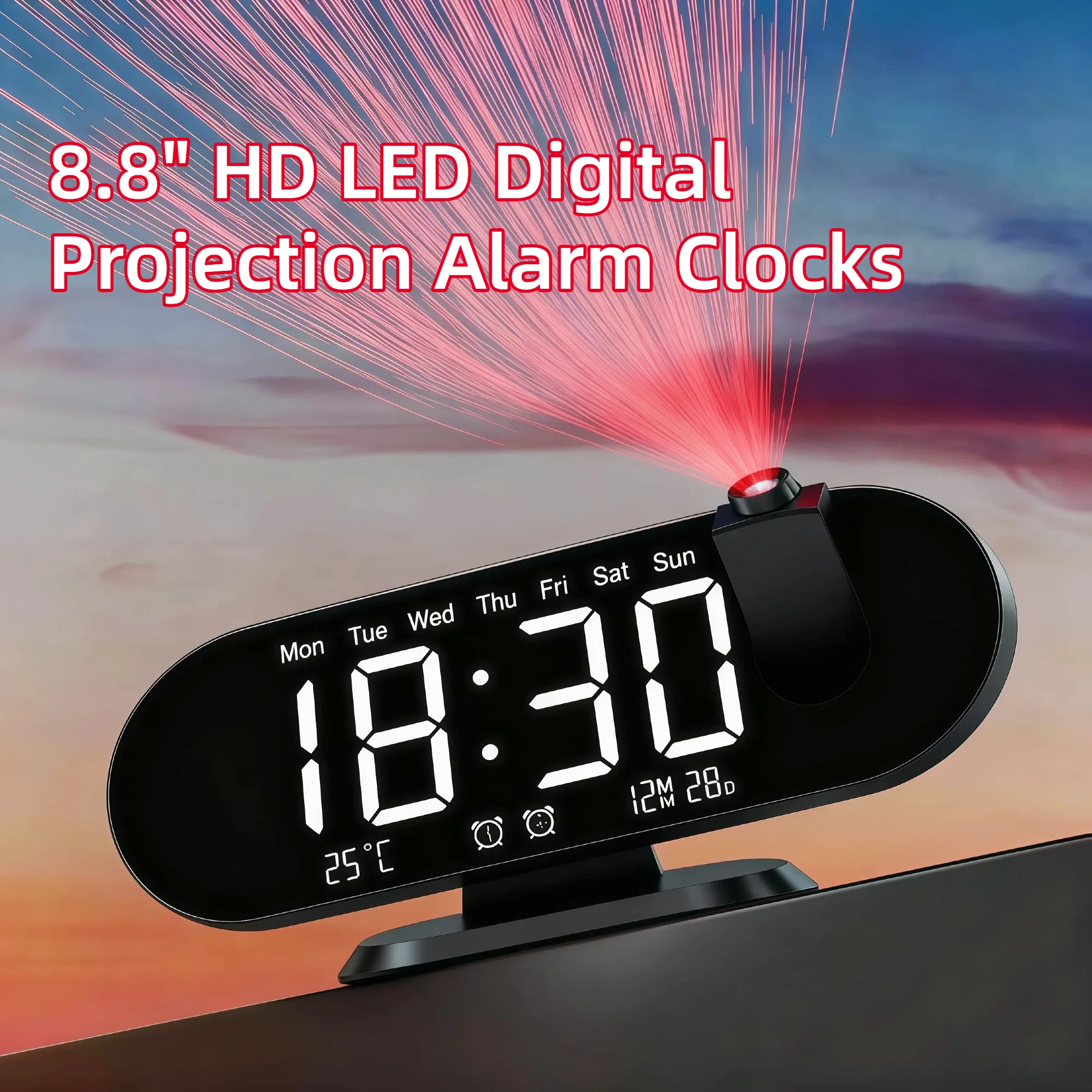 Projection Alarm Clock 8.8 Inch LED Mirror Display 180 Degree Rotation Dual Alarm Snooze Temperature USB Charging Bedside White Black