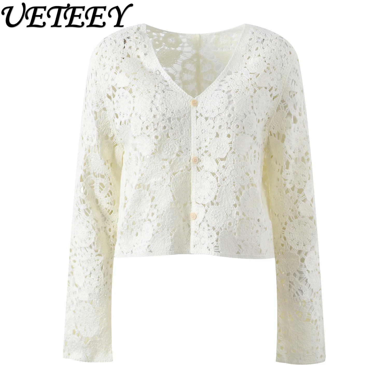 

Spring Autumn New Design Sense Hollow Crochet V-neck Thin Knitted Sweater Fashionable Commuter Versatile White Short Cardigan