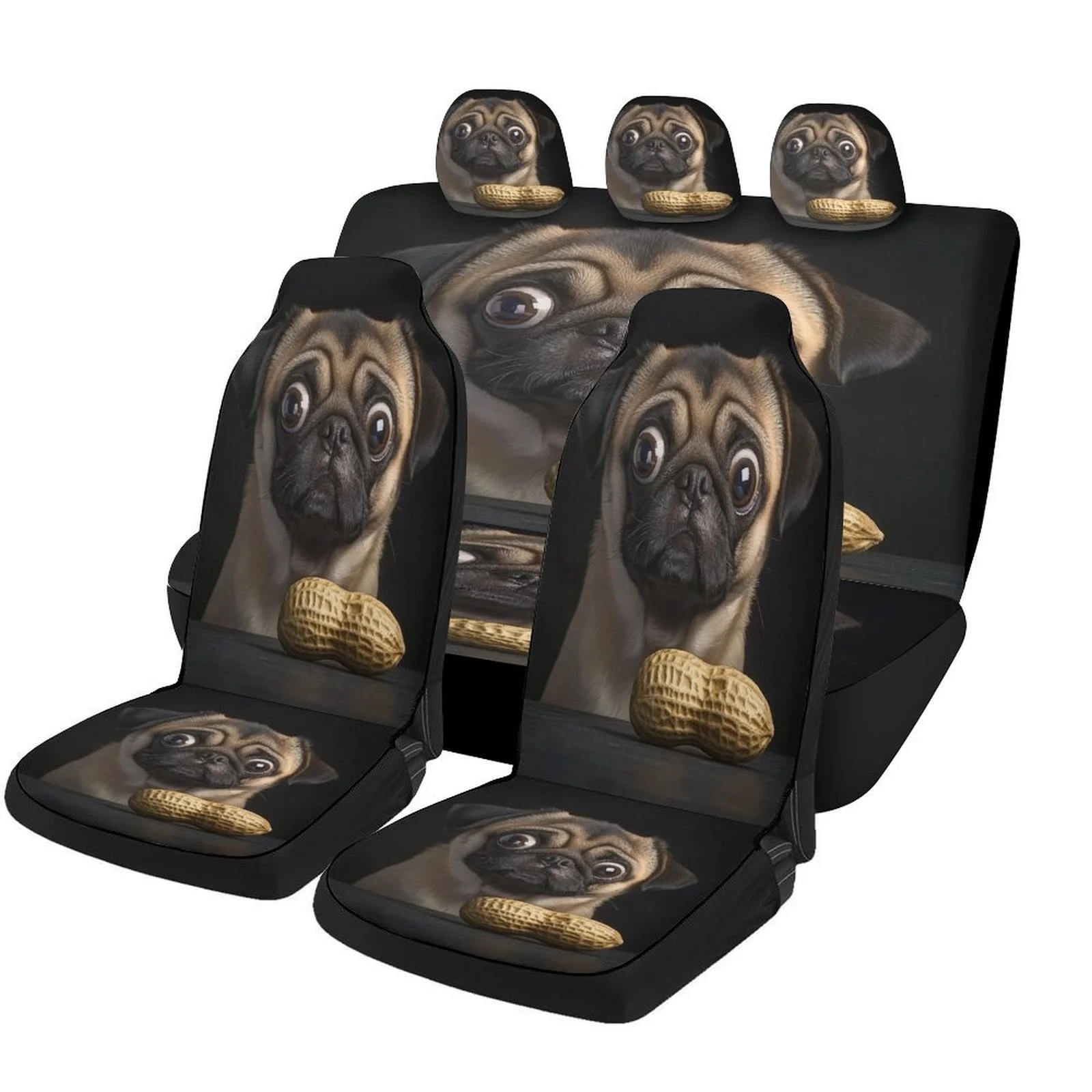 

Pug With Peanut Themed Car Seat Cover Set For Most Cars, Fashion Novelty Car Seat Protector Covers Full Set, Universal Car Seat