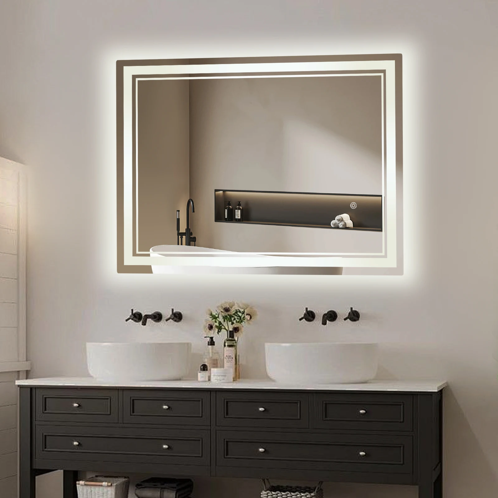 LED-Badezimmerspiegel, 60 x 80 cm Wand-Badezimmerspiegel, dimmbarer rechteckiger Schminkspiegel, beleuchteter Badezimmerspiegel