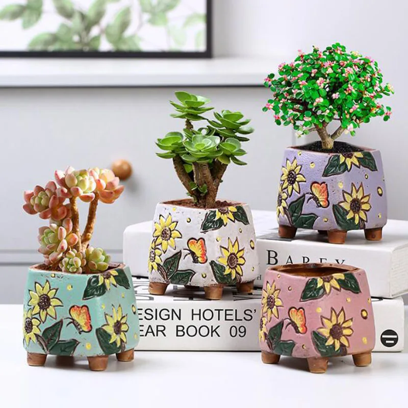 Korean Style Sunflower Pattern Succulent Plant Pot Breathable Vase with A Hole Cute Flower Pot Desktop Ornaments Home Decor