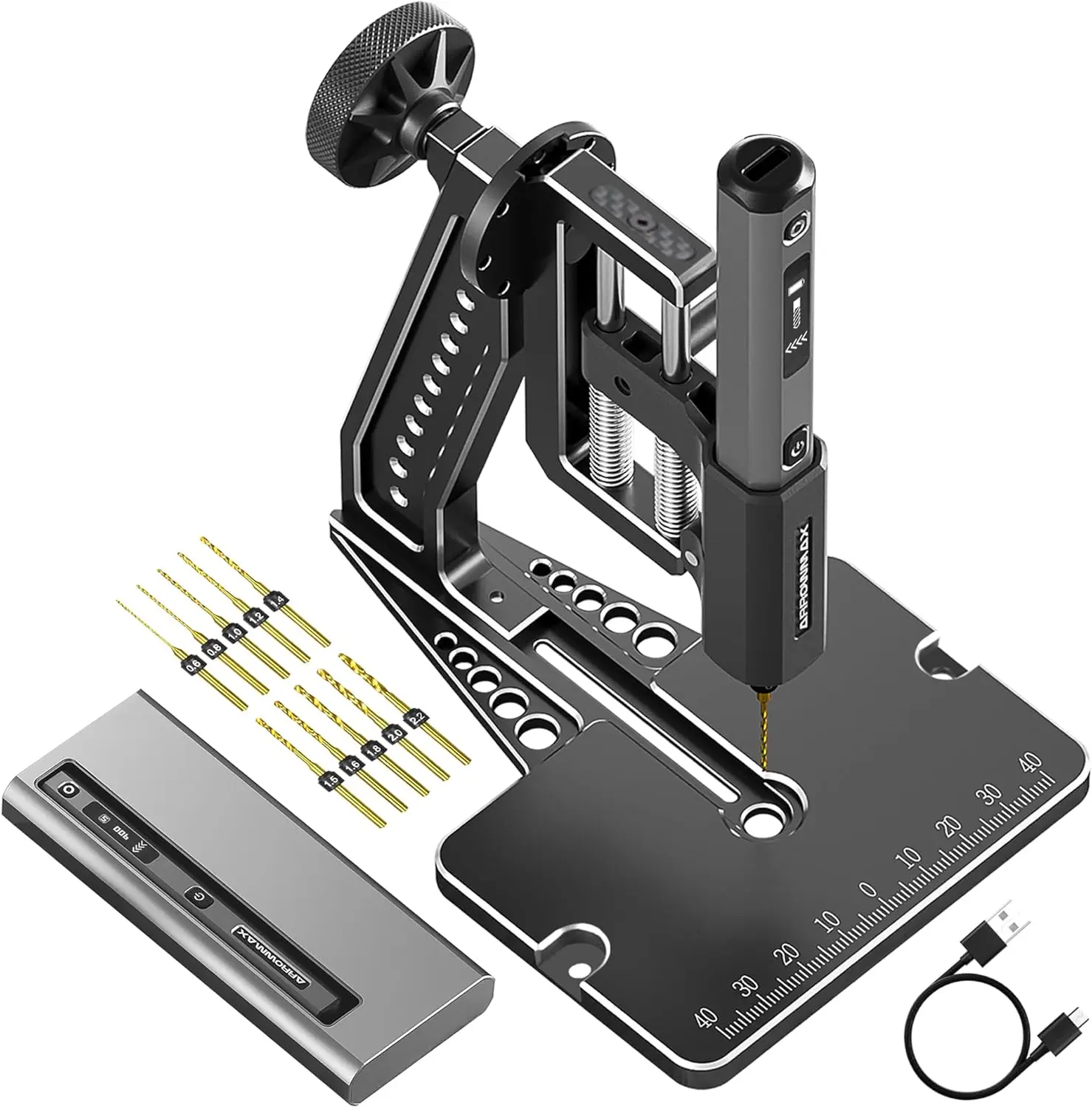 

Mini Electric Drill Pen with Benchtop Press, 5-Speed, 10 Small Drill Bits with Aluminium Box, LED Lights, OLED Display, Resin Dr