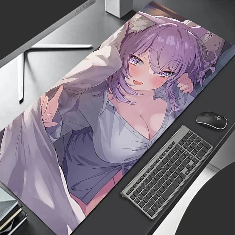Rubber Mouse Pad Gaming Mouse Pad, Large Desk Mat, Anti-slip, Stitched Edges, Purple Hair Cat Ear Girl Print, Keyboard Pad