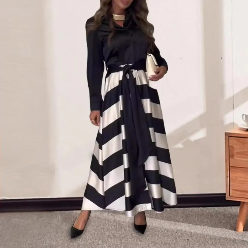 

Lady Commuting Dress Turn-down Collar A-line Striped Print Big Swing Long Sleeves Lace-up Tie Waist Formal Business Style Office