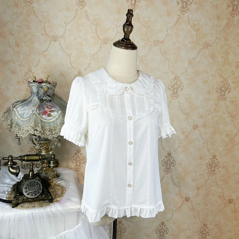 Fashion Lolita Doll Collar Lace Shirts 2024 Summer Short Sleeve Sweet Girl Solid Color Tops Feminine Single Row Multi-Buckle Top