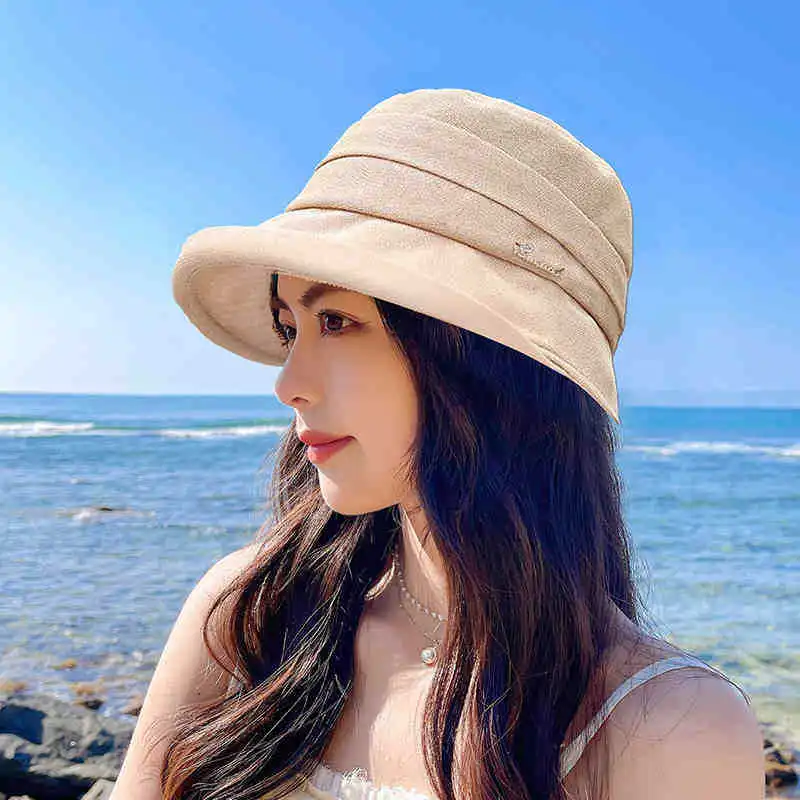 

Japanese Linen Pleated Women Bucket Hat Small Brim Summer UV Resistant Breathable Retro Artist Basin Hat Ladies Berets