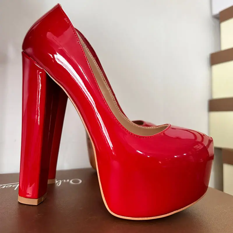 Onlymaker Women Platform Round Toe Pumps Slip On High Heel Block Chunky Heels Patent Leather Black Large Size Shoes