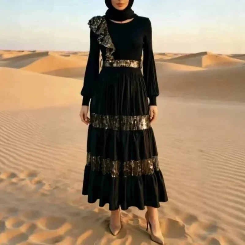 ANLAN Niched Pleated Women's Dress Fashion Sequined Patchwork Elegant Elastic Loose-fitting Women's Long Dresses 2026 New Miyaki