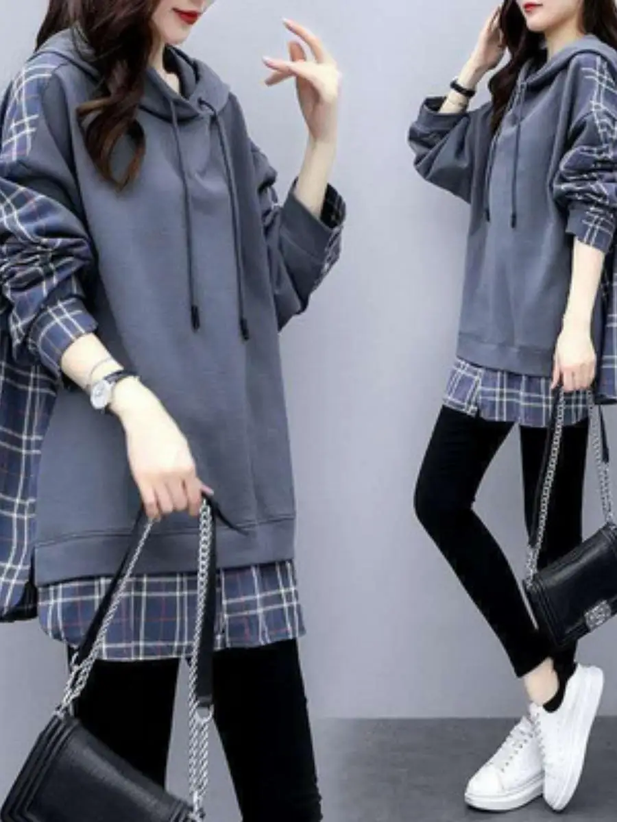 

Свободная хлопковая толстовка с капюшоном, женская модная толстовка с эффектом двухслойности, осень 2023, корейский стиль, большие размеры, одежда для мам, с длинными рукавами