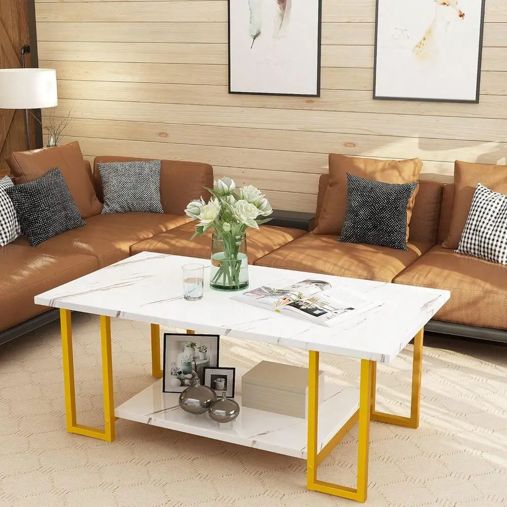40Inch Artificial Marble Coffee Table, Imitation Marble Tabletop, Metal Frame, 2Level Design, Suitable For Office Balcony Livin