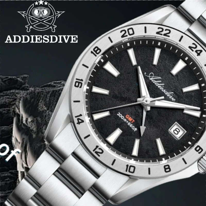 ADDIESDIVE Swiss Ronda 515-24H GMT Men Stainless Steel Watch AD2548 Sapphire Glass BGW9 Luminous 200m Waterproof Quartz Watch