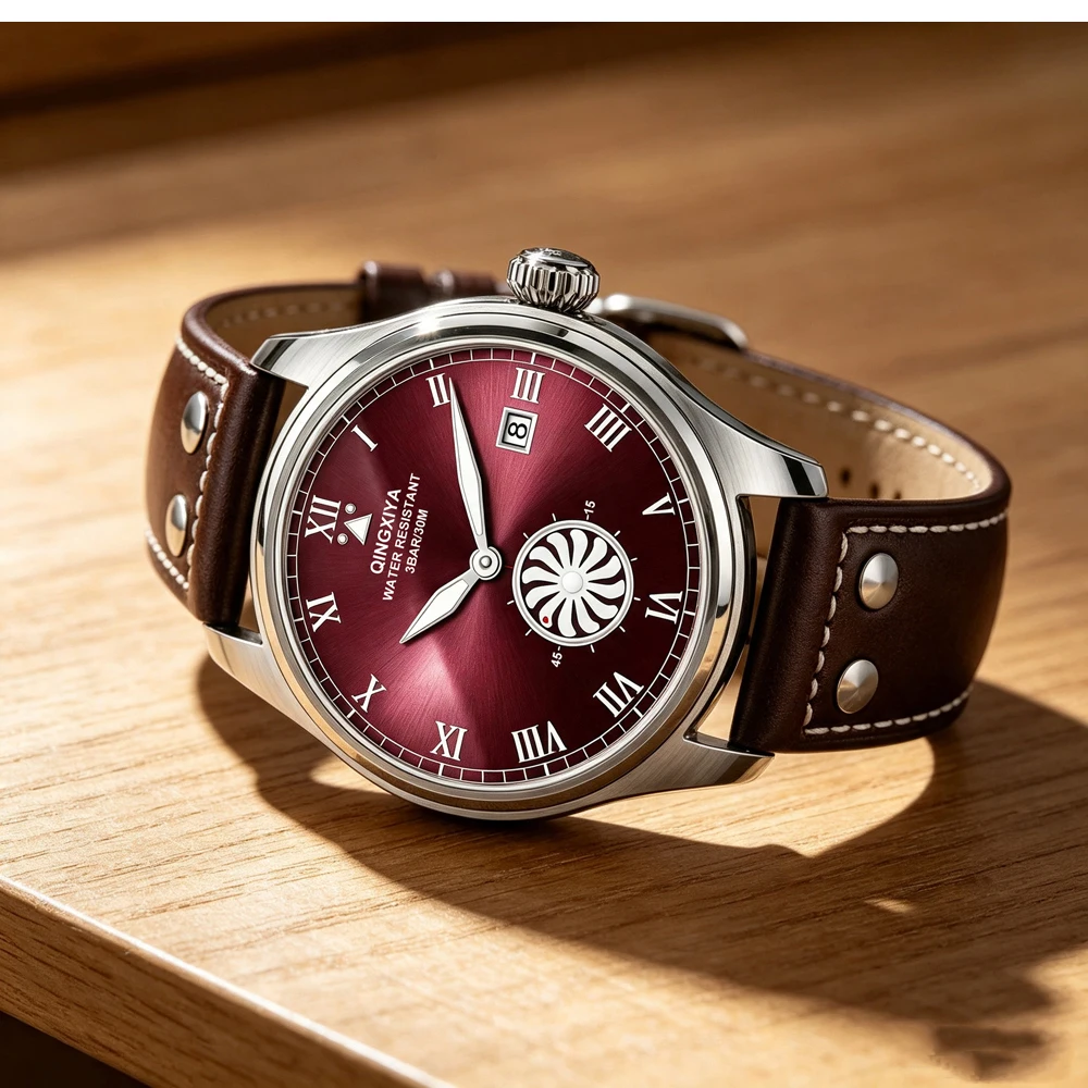 QINGXIYA Marken-Modeuhren für Herren, Turbinen-Sekundenanzeige, Quarzuhr für Männer, Hochwertige Leder-Armbanduhr, Wasserdicht, mit Datumsanzeige – Detail 3
