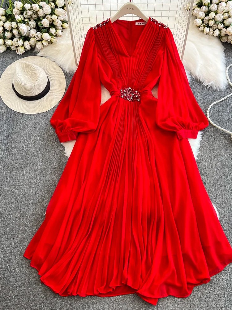 Autumn Purple/Black/Red Diamonds Draped Chiffon Pleated Party Long Dress Women Beach Vacation Vestidos Elegant Puff Sleeve Robe