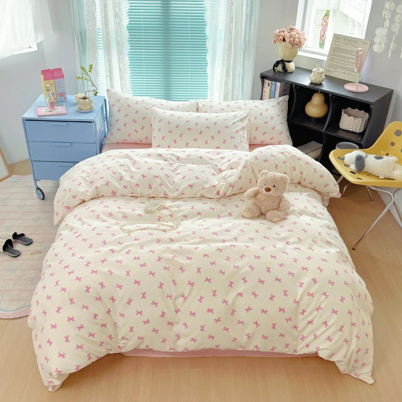 3pcs pink Bow Duvet cover set (1*Duvet Cover + 2*Pillowcase, Without Core), cute Bedding Set, Soft Comfortable