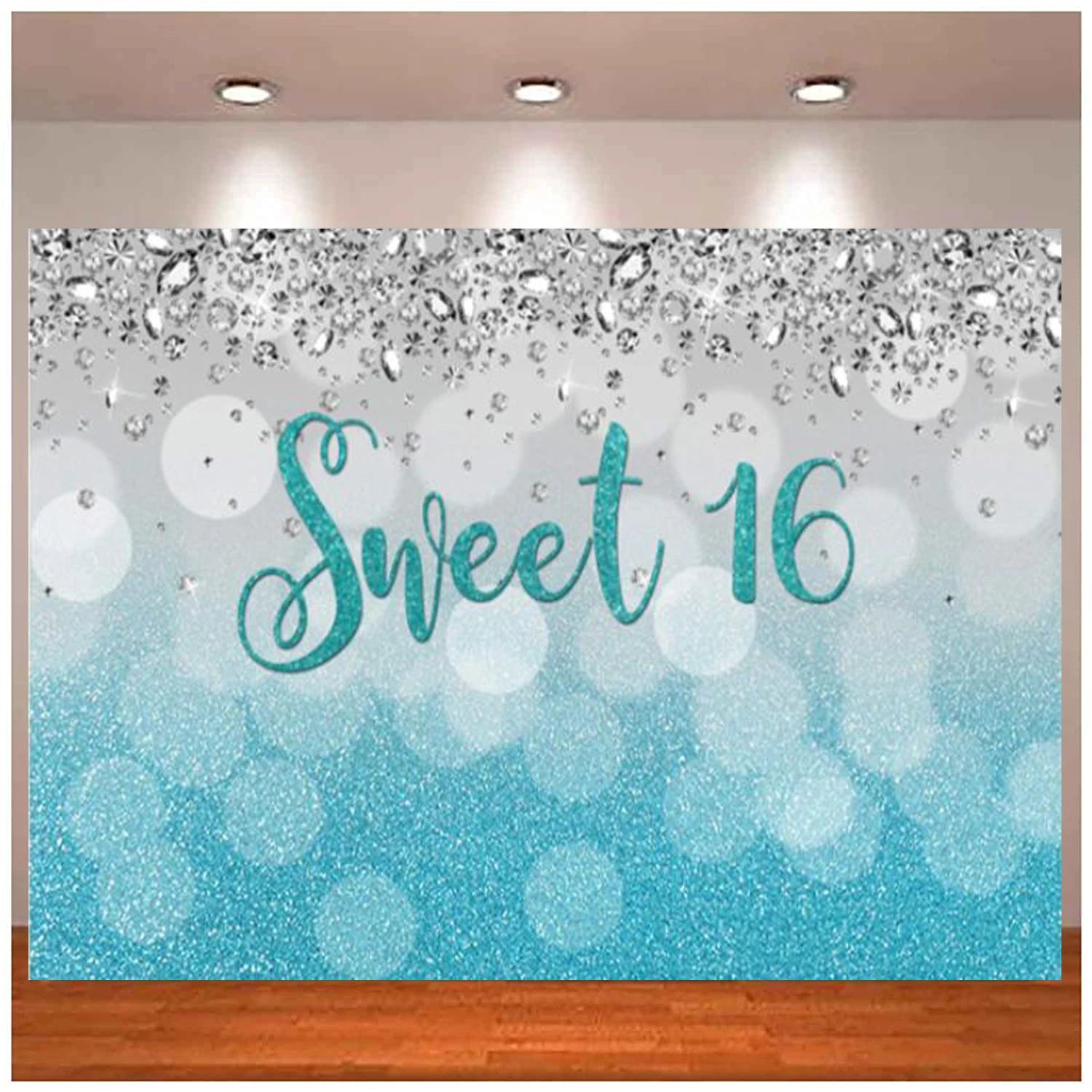 

Blue Sweet Photography Backdrop For Girl Happy 16th Birthday Party Decor Turquoise Glitter Bokeh Spot Silver Diamond Background