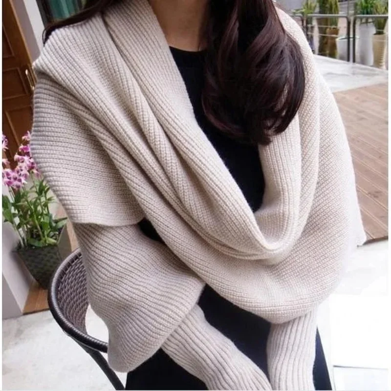 SupSindy Women Winter Scarf Europe and American Style Wool Scarves for Men and Women with Sleeves Knitted Scarf Thick Warm Snow