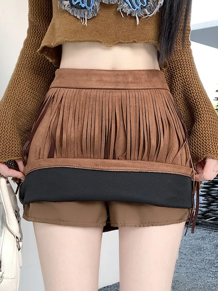 

Khaki Suede Tassel High Waist Slimming Vintage Skirt Women's Anti-Light A-Line Skirt Ci Commute Stand Fit Elastic W...