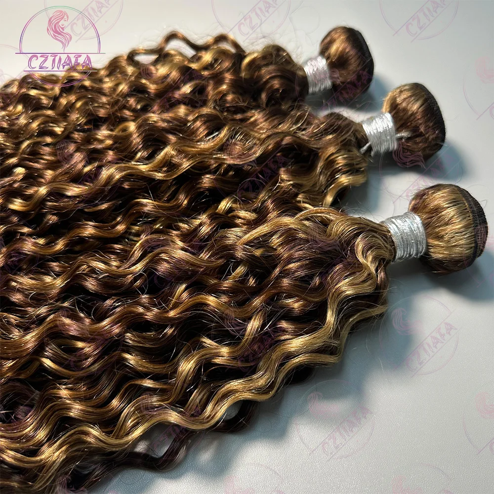 

P4/27 Highlight Water Wave Bundles Human Hair Brazilian Curly Hair Weaving 1/3/4 Pcs Ombre Brown Human Hair Bundles For Women