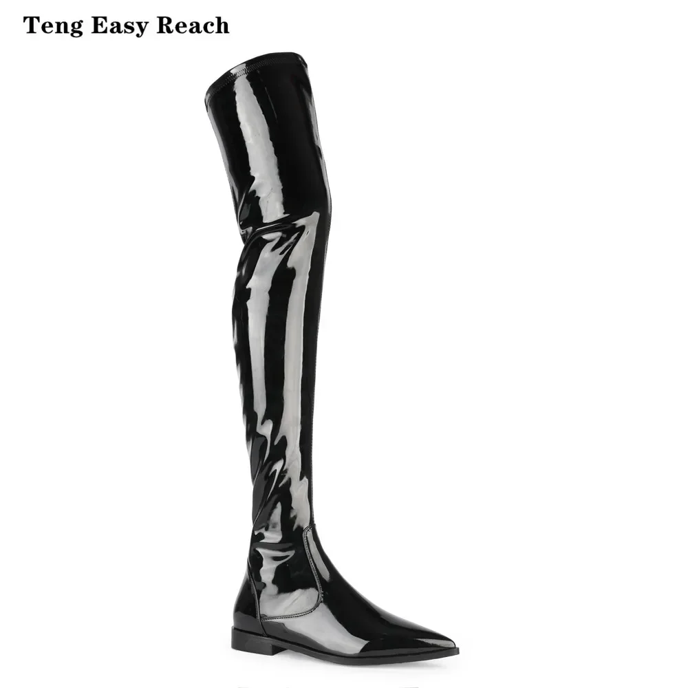 2024 New Cow Patent Leather Women Boots Black Over The Knee Boots Sexy Female Autumn Winter Lady Thigh High Boots 34-45