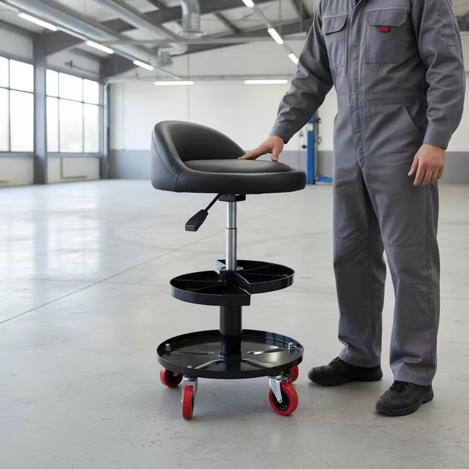 Garage Stool with Backrest Ergonomic Rolling Shop Stool with Tool Tray Creeper Seat with Tool Tray Heavy-Duty Sturdy