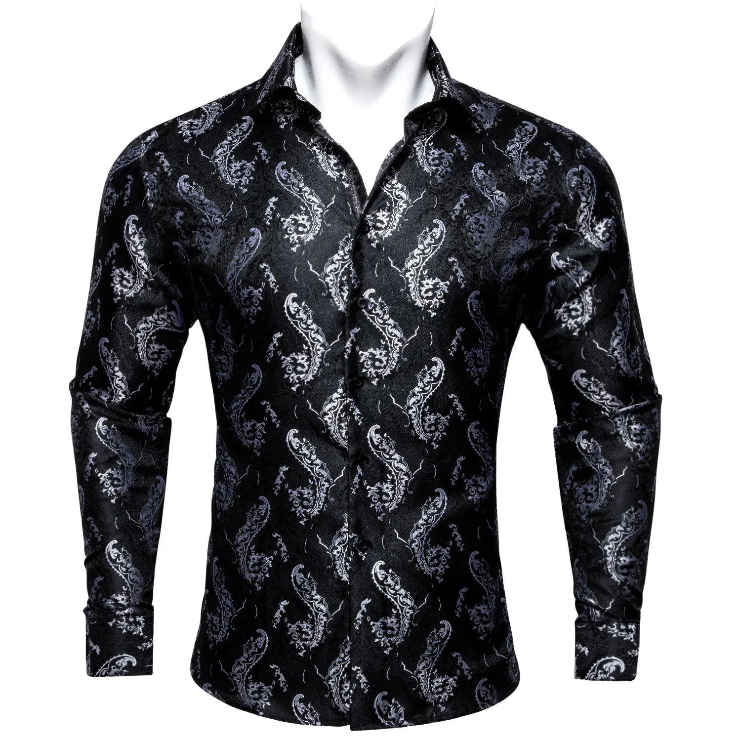 Classic Black Printed Embroidered Shirts for Men Silk Lapel Long Sleeve Exquisite Formal Fit Business Party Barry.Wang CY-0407