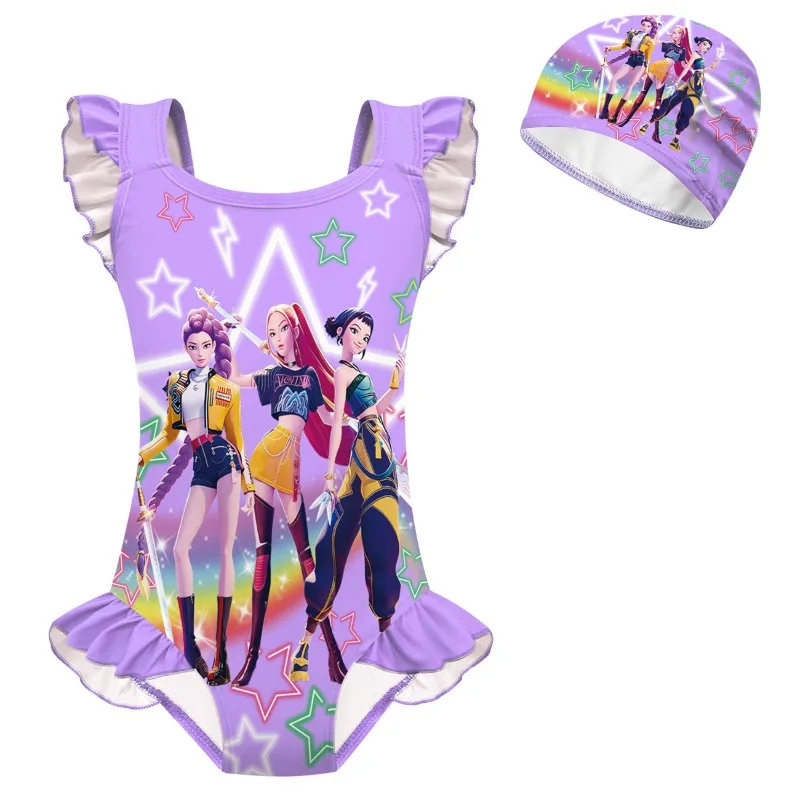 Trendy Toddler Girls One-Piece Swimsuit Set Hunter Witch Coven Print Lace Trim New Style High Stretch Protection for Beach Days image 4