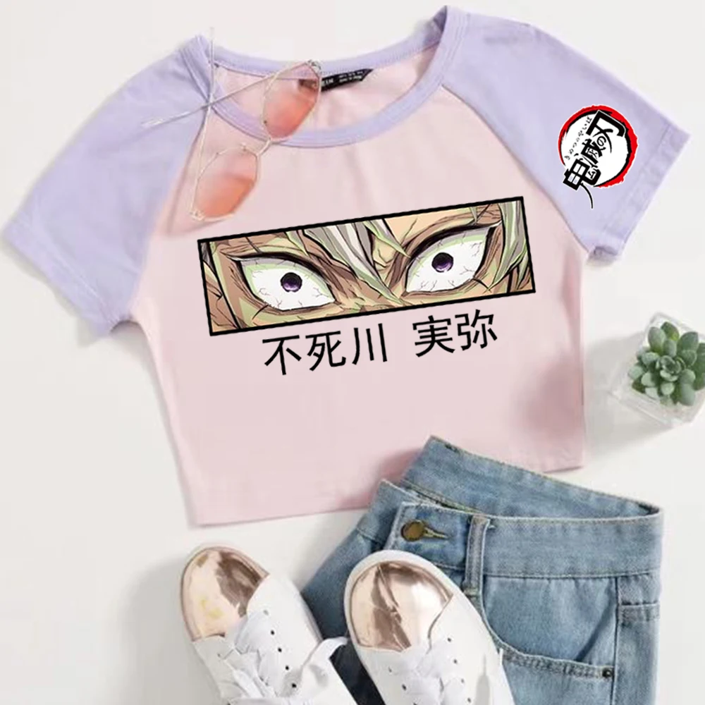 شيطان القاتل شينازوجاوا سانيمي عيون المحاصيل القمم تي شيرت الفتيات أزياء المرأة س الرقبة قصيرة الأكمام هدية