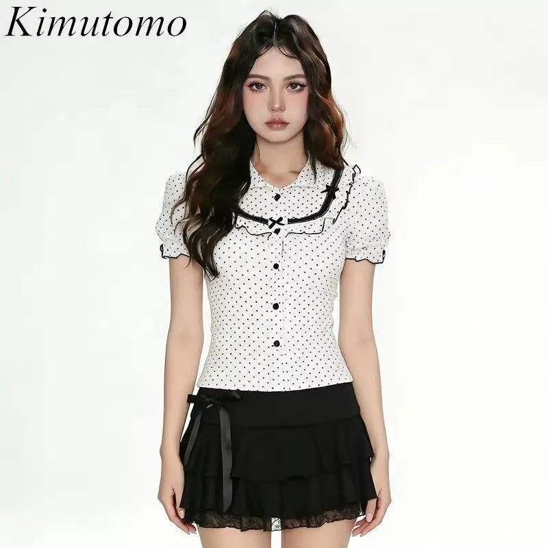 

Kimutomo Women Shirts Bow Patchwork Vintage Polka Dot Printed Puff Short Sleeve Sweet Y2k Harajuku Female Vlouse Elegant Tops