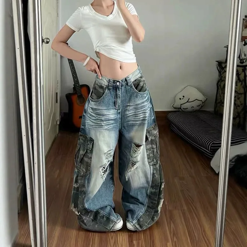 Autumn Women's Long Pants American Vintage High Street Color-Block Distressed Ripped Jeans Hot Girl Wide-Leg Floor-Length Pants