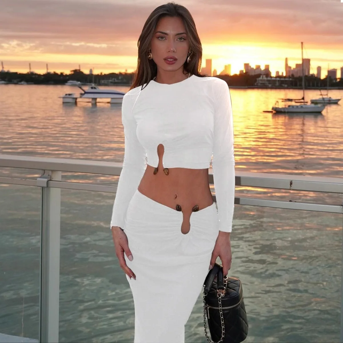 

Cross-Border European American Women's Fashion Autumn And Winter New Elegant Solid Color Crop Top Sexy Waist-Cinching Bodycon