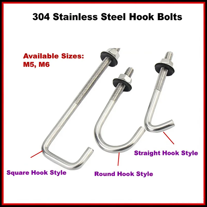304 Stainless Steel Special Shaped Hook Bolt Square Hook Round Hook Right Angle U Bolt L Type Screw M5 M6 Mounting Fastener
